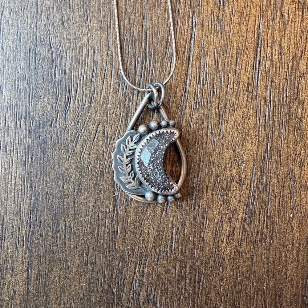 AVR (Ariana Victoria Rose) Silver Crescent Moon Black Sunstone Pendant Necklace